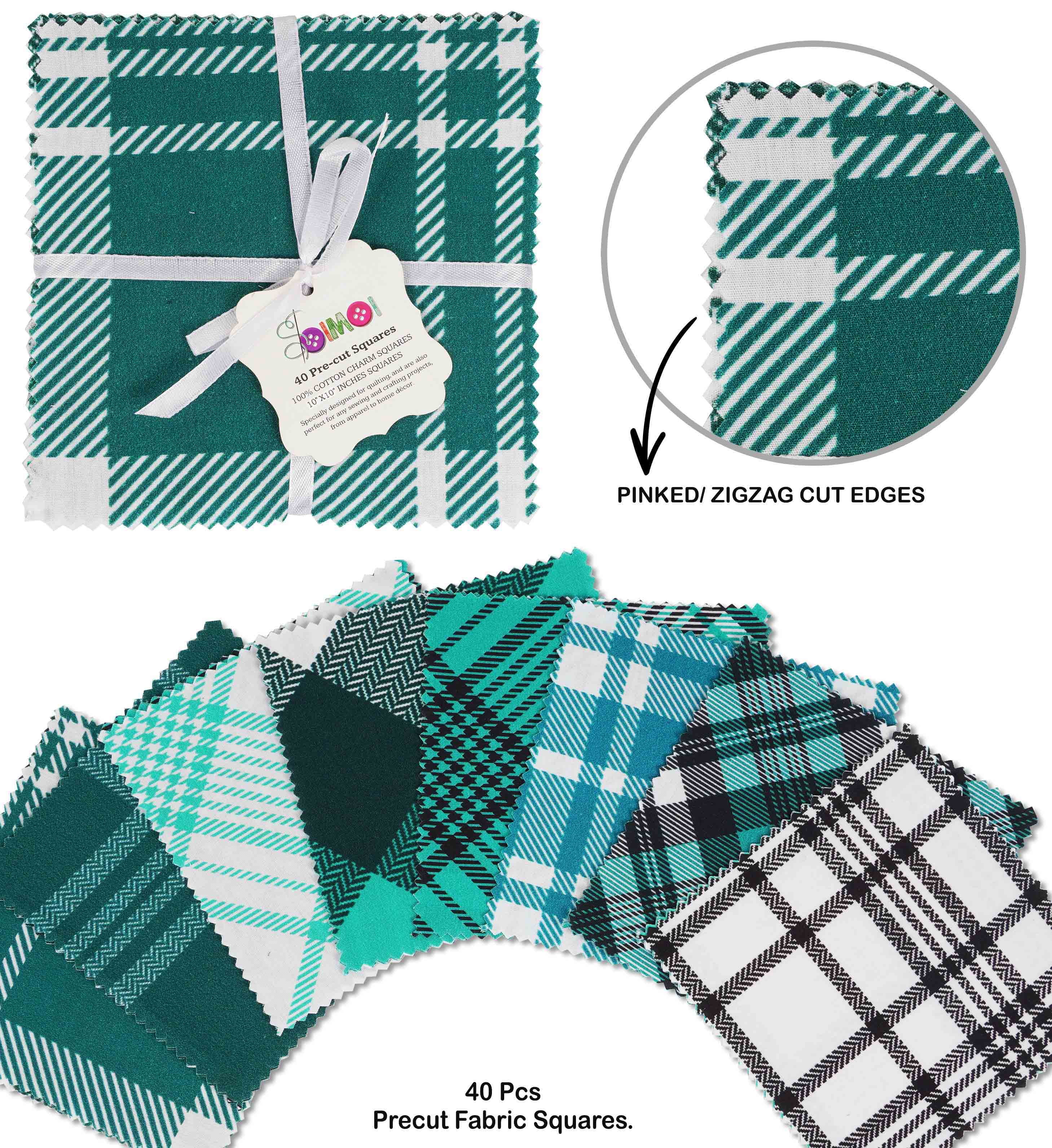 Soimoi Precut 10-inch Check & Tartan Prints Cotton Fabric Bundle Quilting Squares Charm Pack DIY Patchwork Sewing Craft- Blue & Green