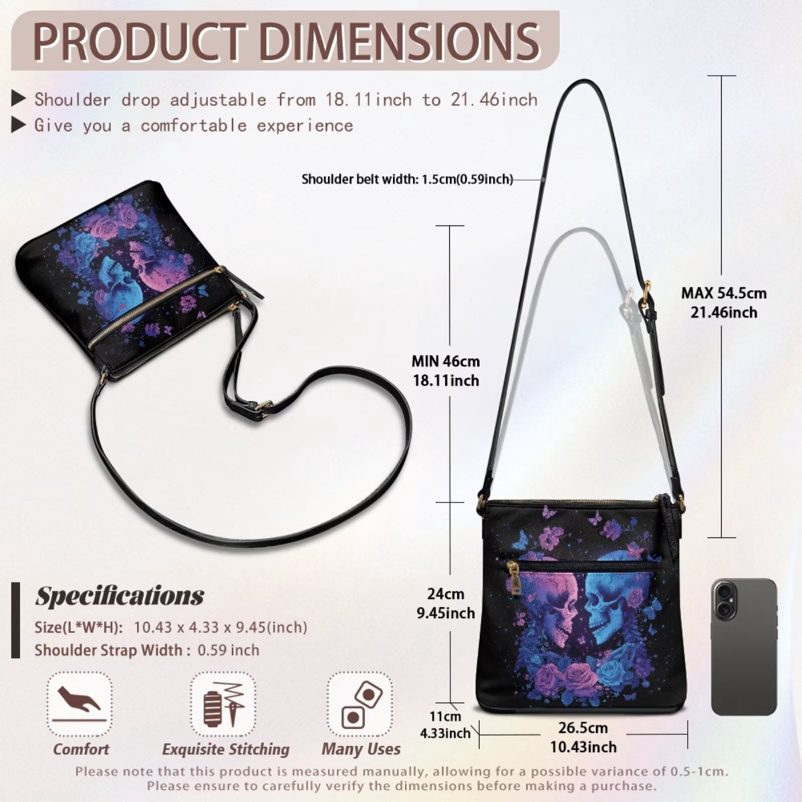 DISNIMO Skeleton Rose Print Crossbody Bag Purse for Women PU Leather Messenger Handbag with Adjustable Strap Stylish Shoulder Bag for Work Daily Use Shopping