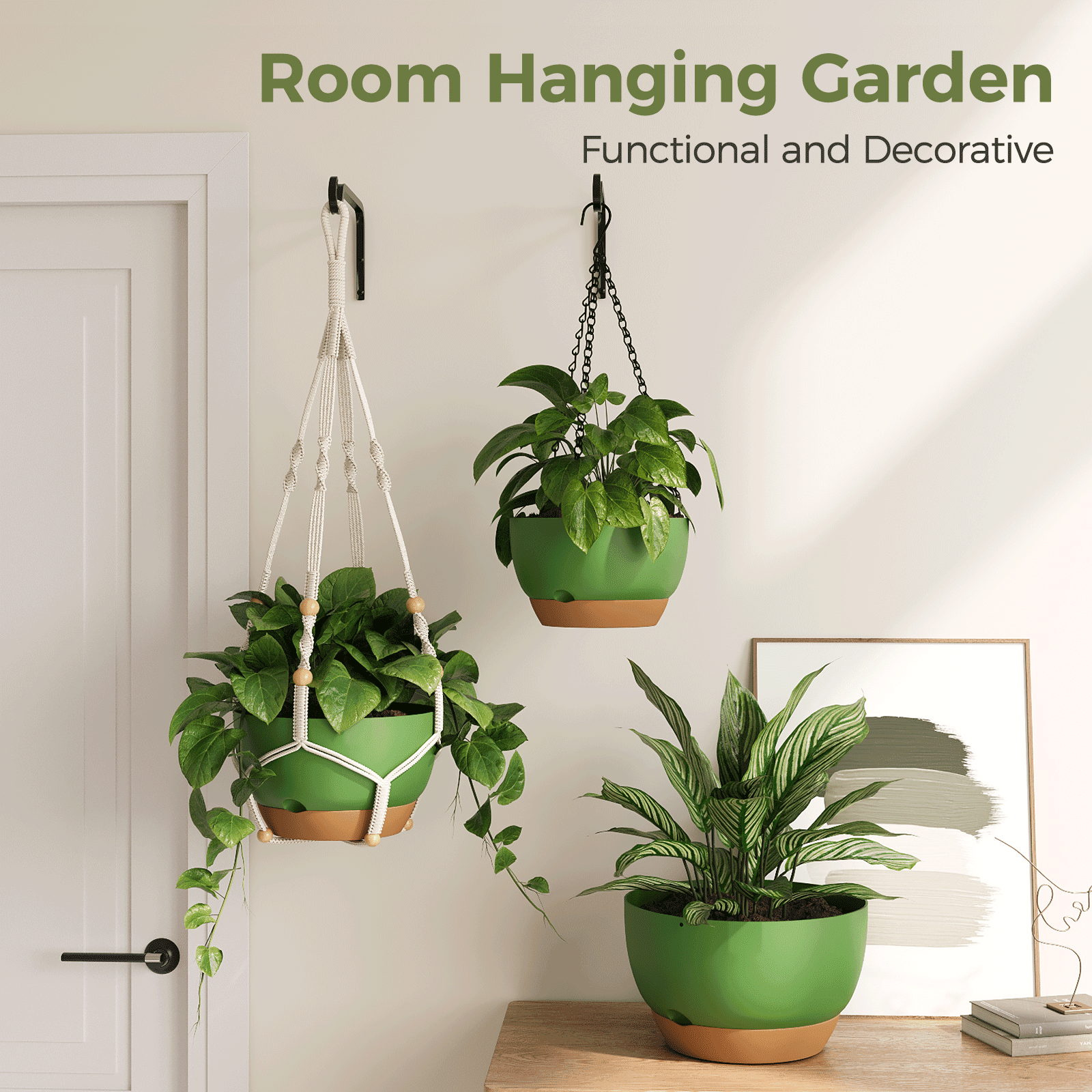 10 inch Plant Pot Hanging Planters Self Watering Pots for Indoor Plants, 3 Pack Plastic Hanging Basket with Removable Tray for Home Garden Porch Balcony Patio Decor,green
