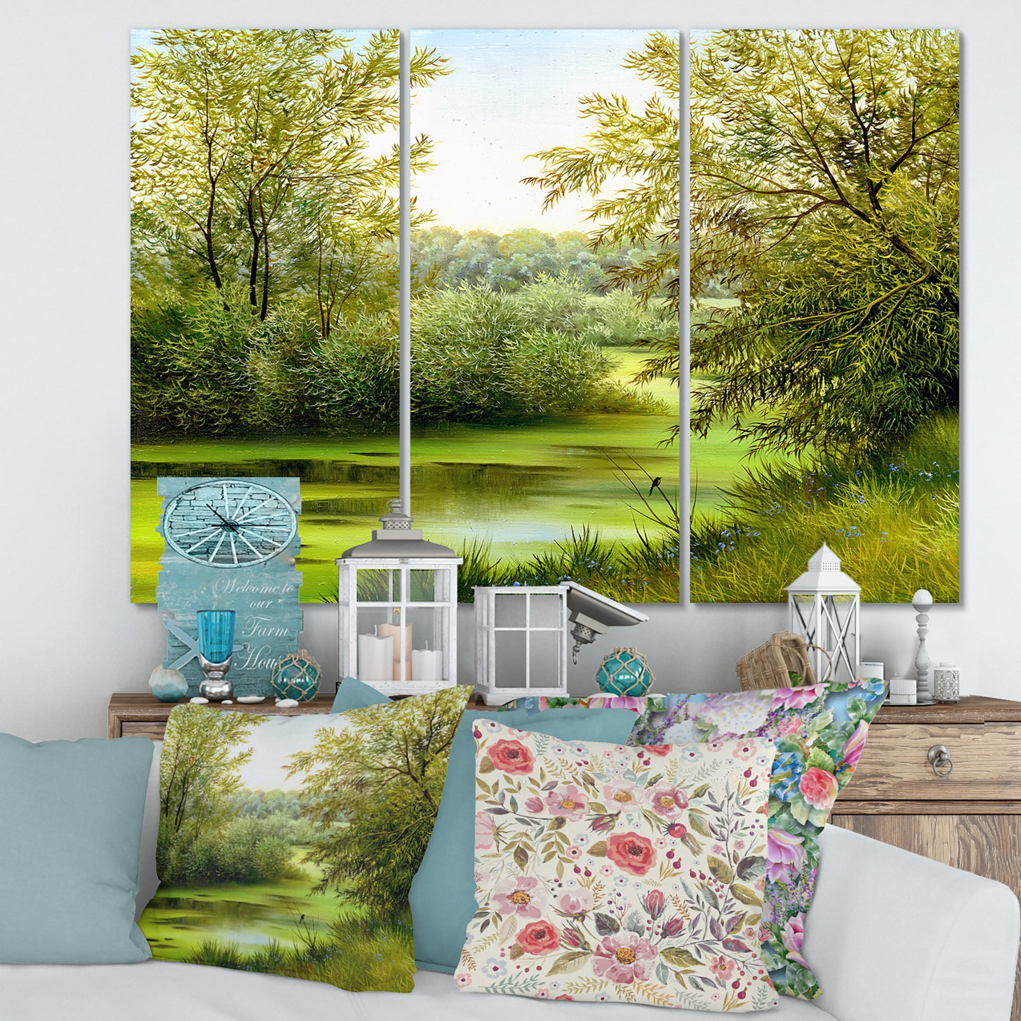 Designart ' Spring Trees With Green Pond ' Country Canvas Wall Art Print