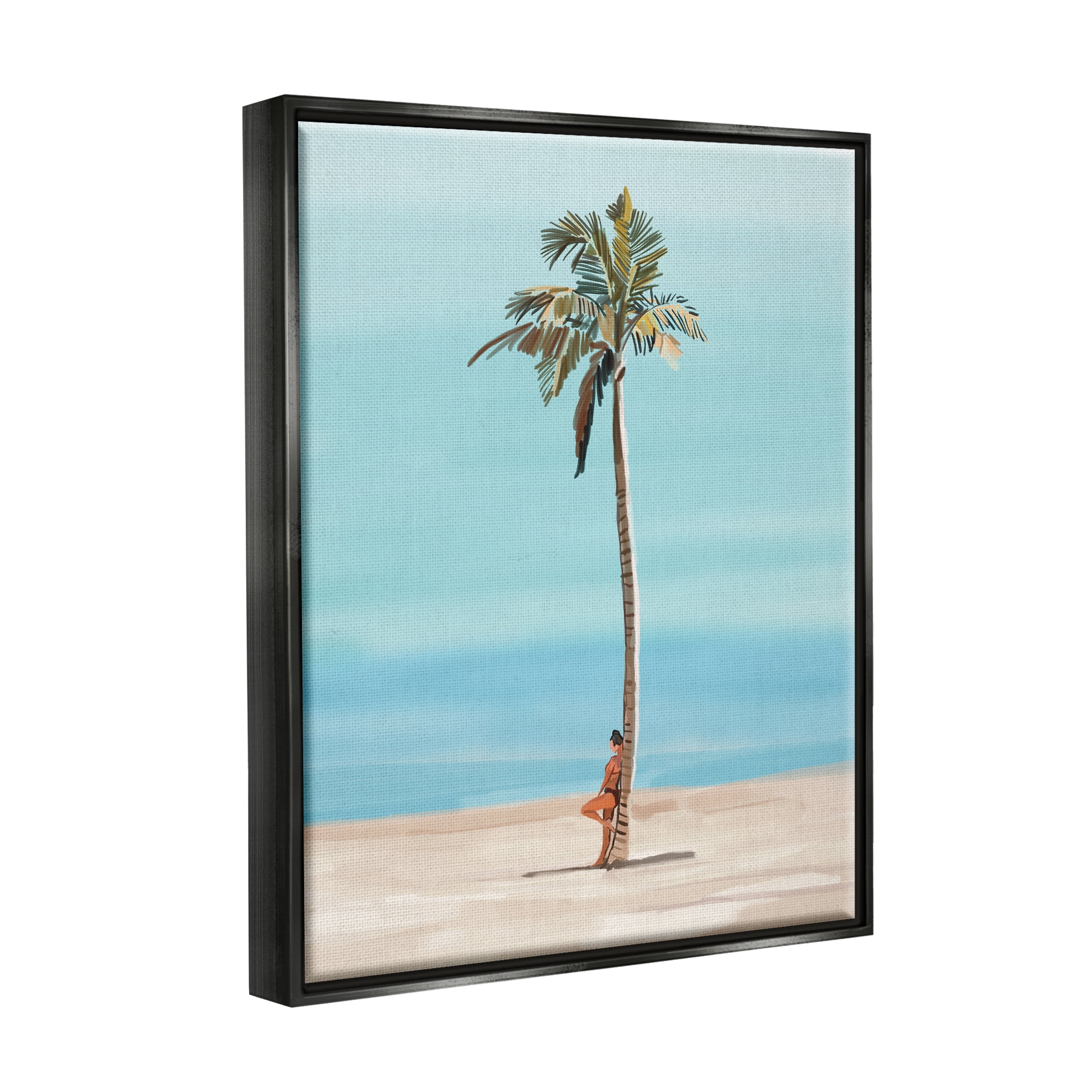 Stupell Industries Girl Leaning On Palm Tree Coastal Painting Black Floater Framed Art Print Wall Art
