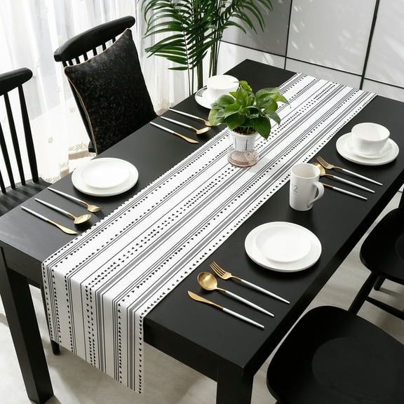 Boho Black White Modern Stripes Cotton Linen Small Table Runner 13 x 48 inch Farmhouse Abstract Art Non-slip Rectangular Dining Table Decor for Wedding Party Holiday Dinner