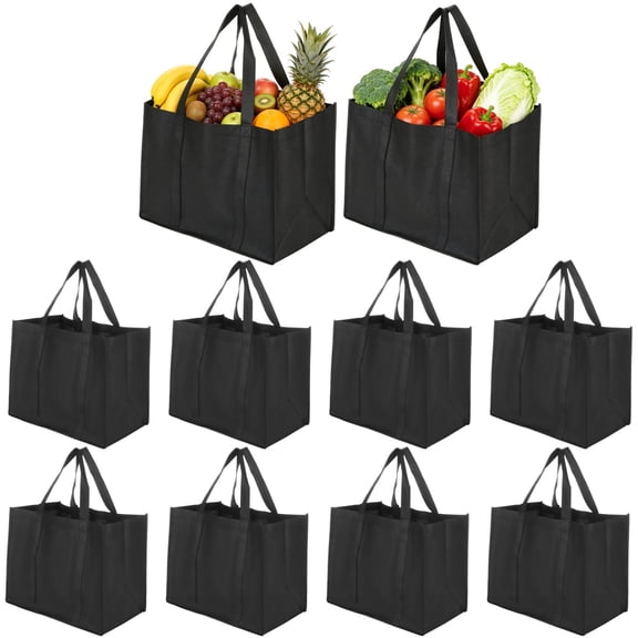 10 PCS Reusable Grocery Bags, 35 L Large Shopping Bags with Long Handles, Foldable Non-Woven Tote Bags, Washable Grocery Bags for Supermarket Storage Car Trunk Organization