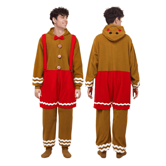 MIRUXO Gingerbread Man Christmas Onesie Pajamas Soft Fleece Hooded Cosplay Jumpsuit Costume for Adults Holiday Party Sleepwear, 1 PC Set