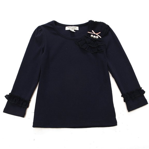 Little Girls Dark Blue Ruffle Pearl Accents Shirt Top 1-6