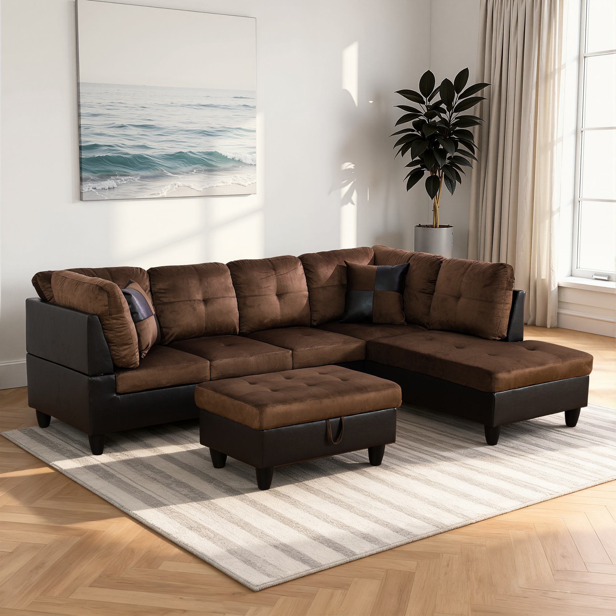 MAYEERTY 103.5" Modern Lint 3-Piece Couch Living Room Sofa Set，Brown