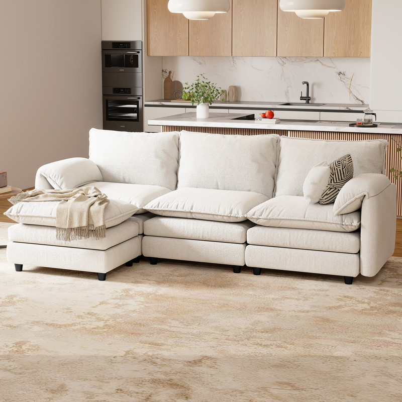 Uforic Sectional Sofa with Ottoman, 108" L Shape Modern 4 Seat Cloud Couch with Pillow-Armrest, Beige