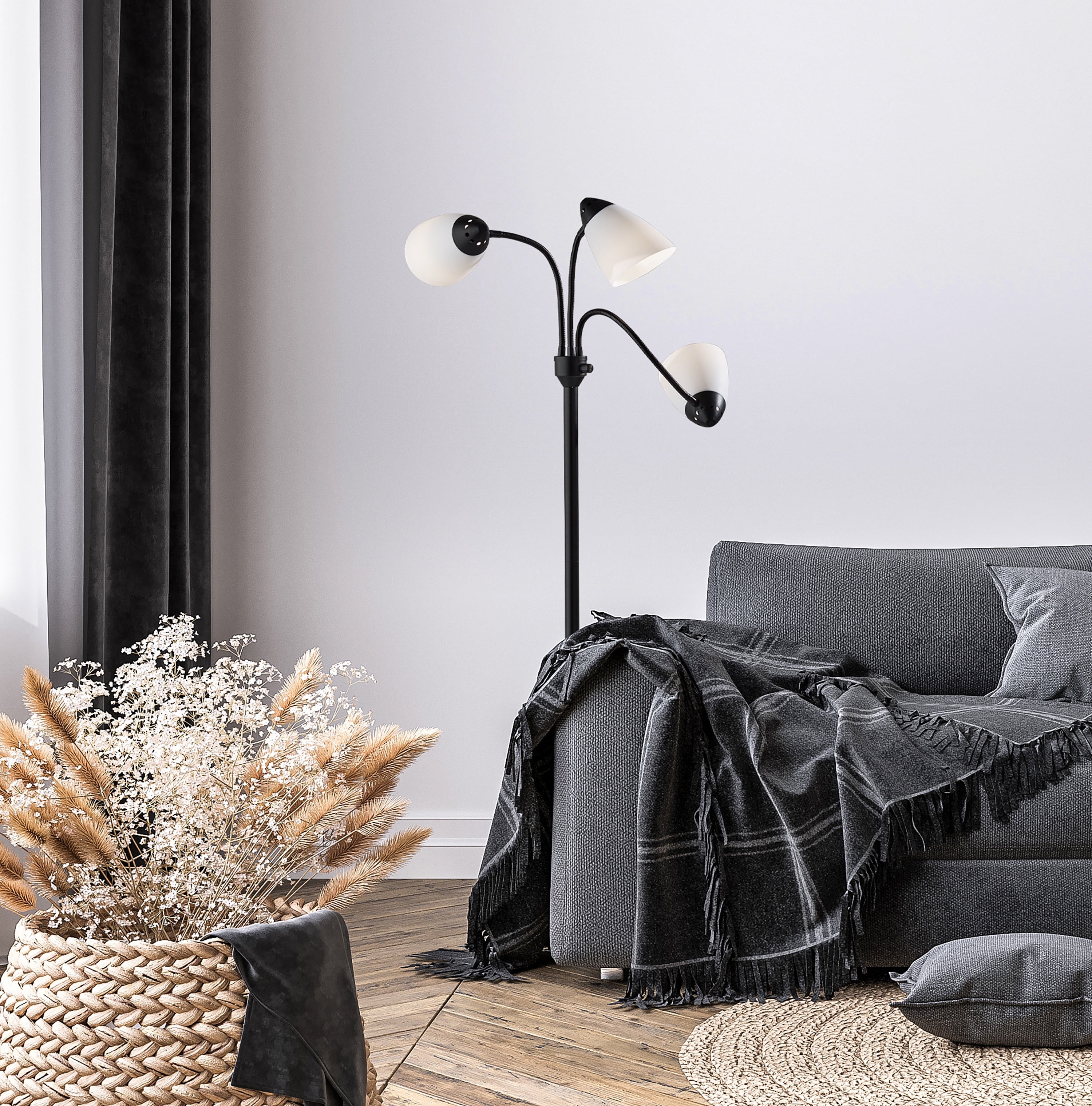 Mainstays 3 Head Adjustable floor lamp, Black with white plastic shades, Classic, Young adult, Adult use