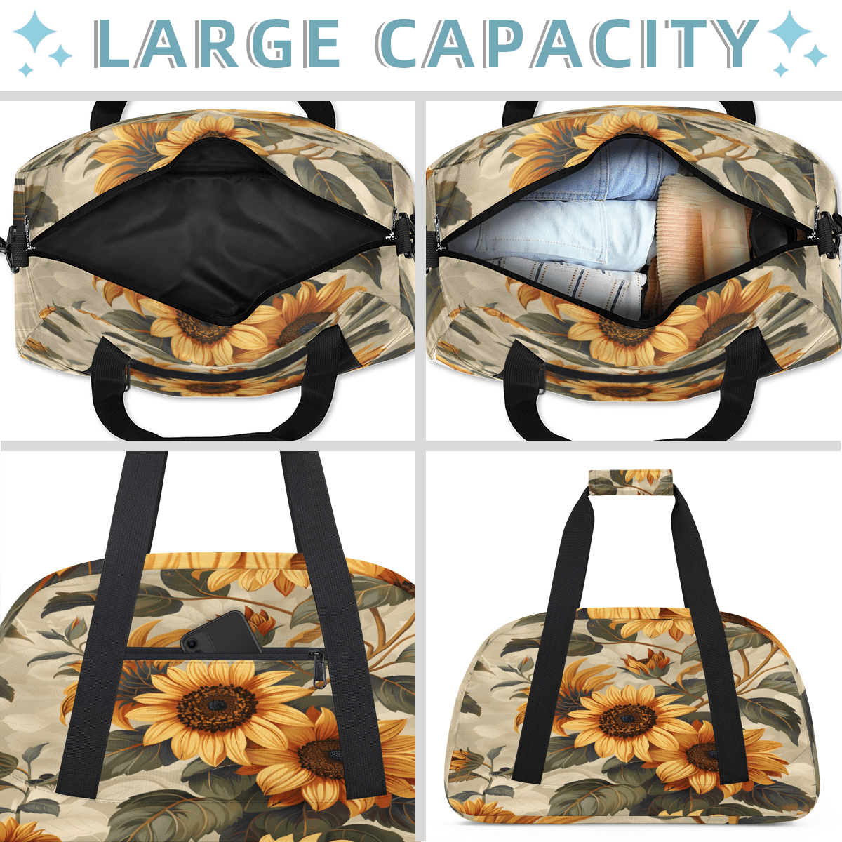 Herdesigns Sunflowers Sports Duffle Bag for Women & Men, Floral Gym Bag Dance Bag Overnight Bag Carry On Weekender Travel Bag