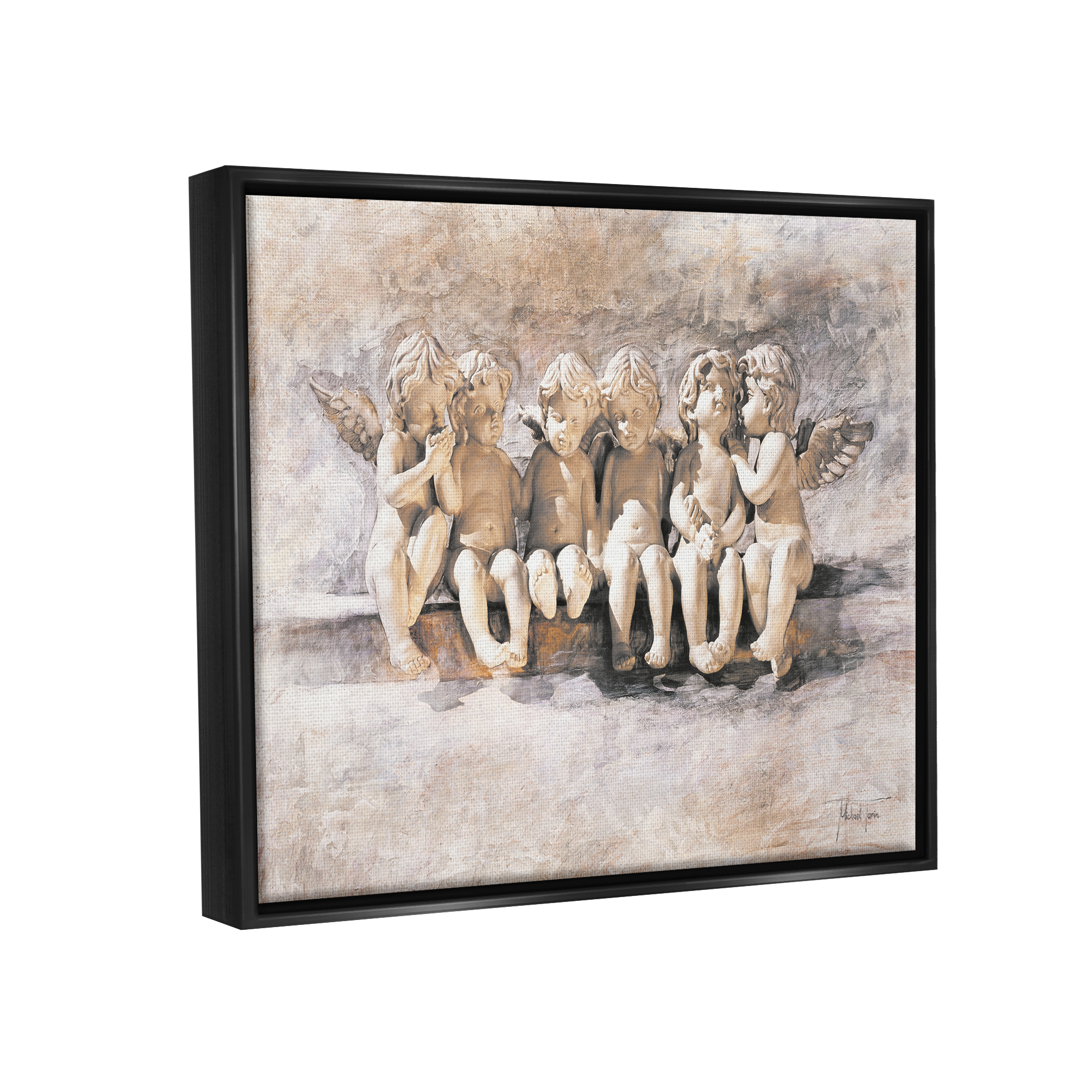 Stupell Industries Angels Chatting Religious Neutral Grey Painting Jet Black Framed Floating Canvas Wall Art, 16x20, by Young and Proven