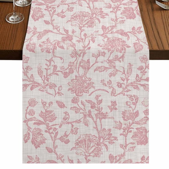 Farmhouse Pink Short Table Runner 48 Inches Long,Vintage Flower Leaf Botanical Plant Cotton Linen Table Runners Dresser Scarves,Fabric Tabletop Scarf Furniture Cover for Home Dinner Party 13"x48"