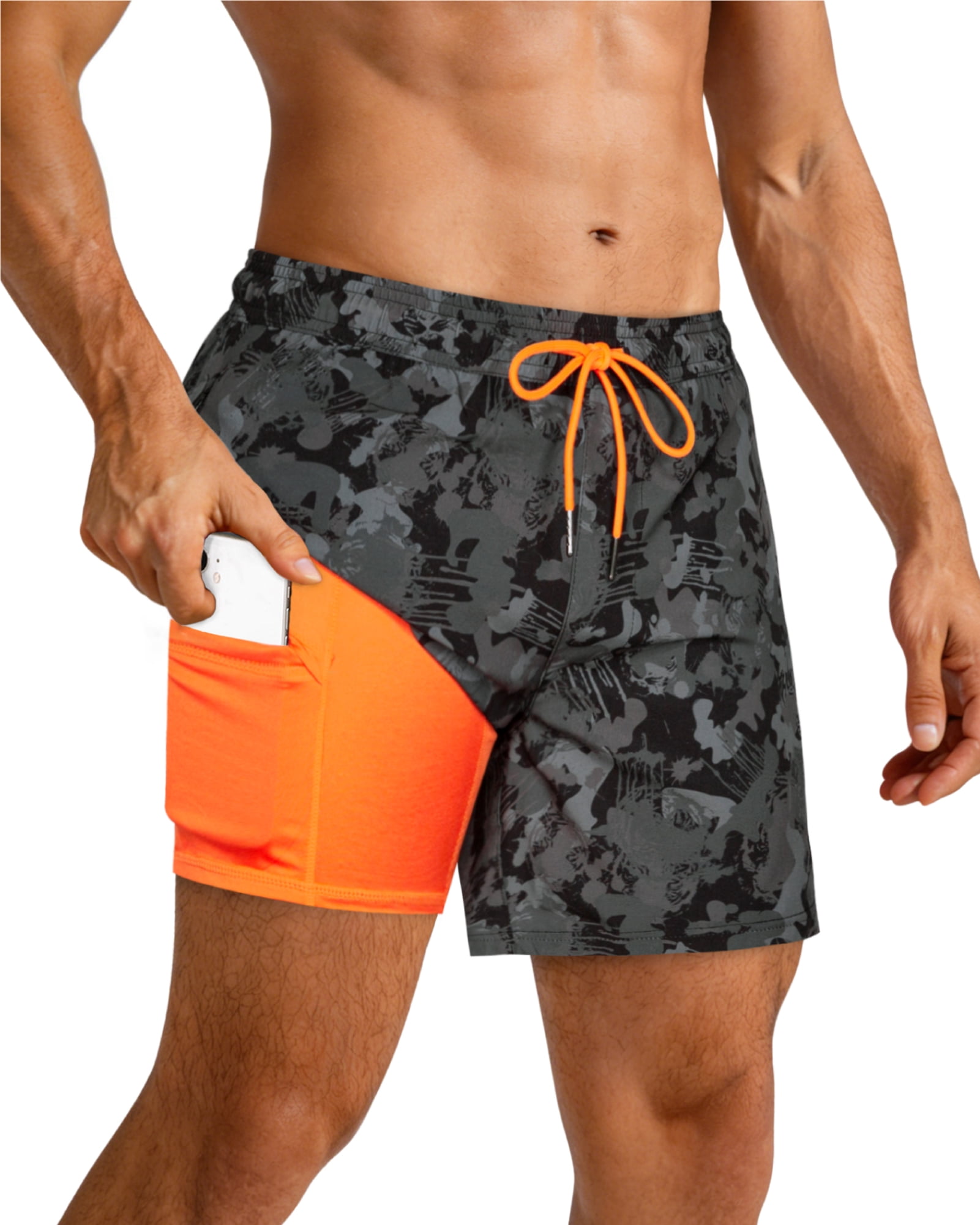 SURF CUZ Mens Swim Trunks with Compression Liner Mens Swimming Trunks 5 Inch Bathing Suit with Zipper Pockets Quick Dry Swim Shorts Army Green Camo Small