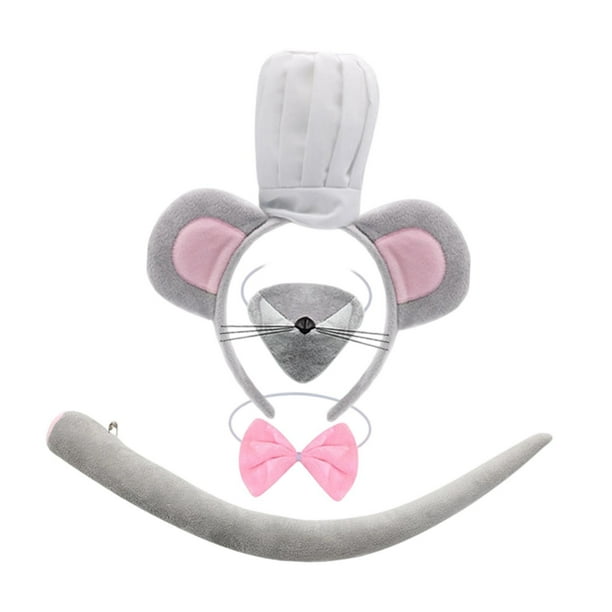 4 Piezas Diadema Orejas Ratón Disfraz Chef Cola Larga Accesorios Animales Polyester para Niños Adecuado para Fiestas Halloween Juegos Escolares