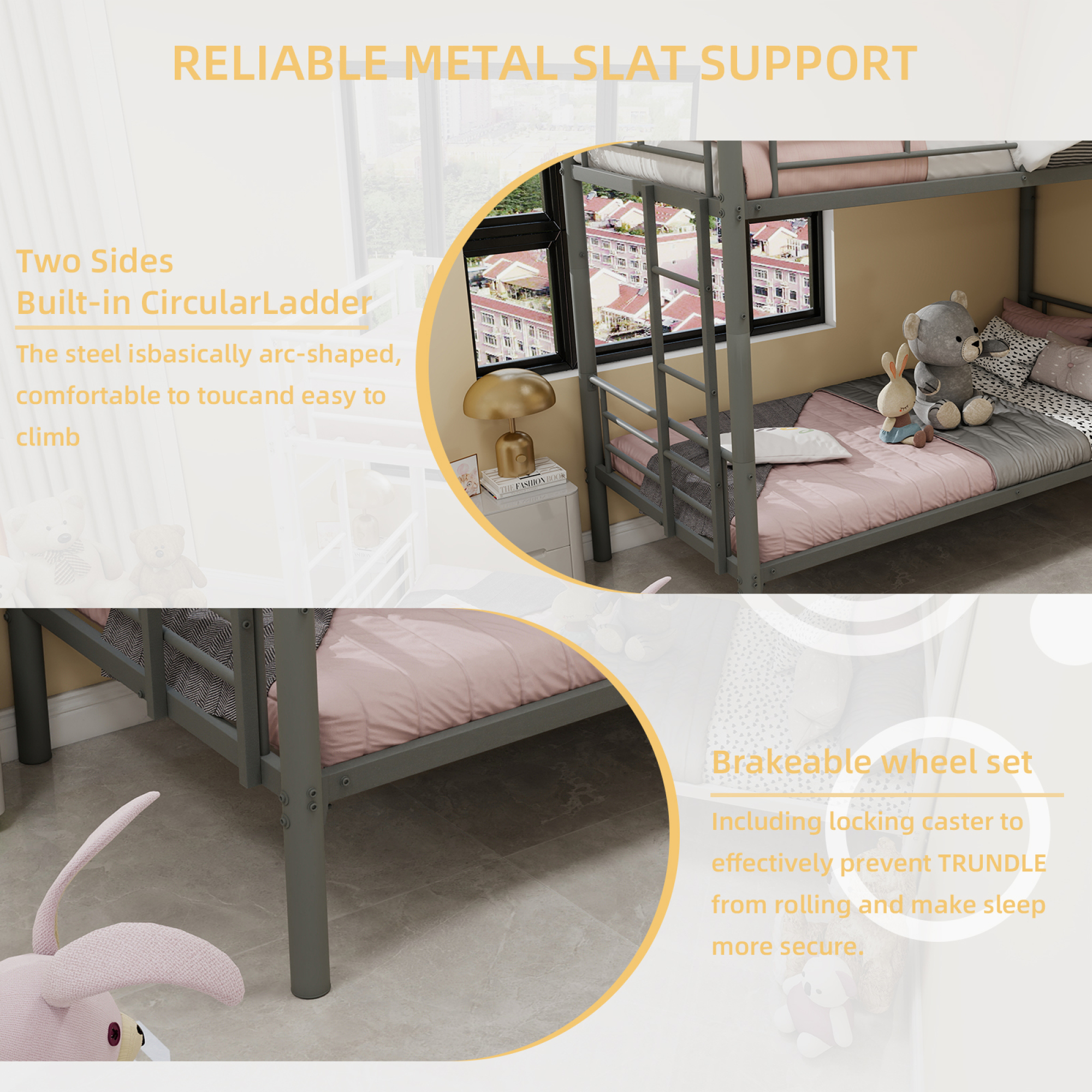 Leumius Twin Over Twin Bunk Bed for Kids Boys Girls, Metal Bunk Bed with Ladders & Guardrail,Convertible 2 Beds,Silver
