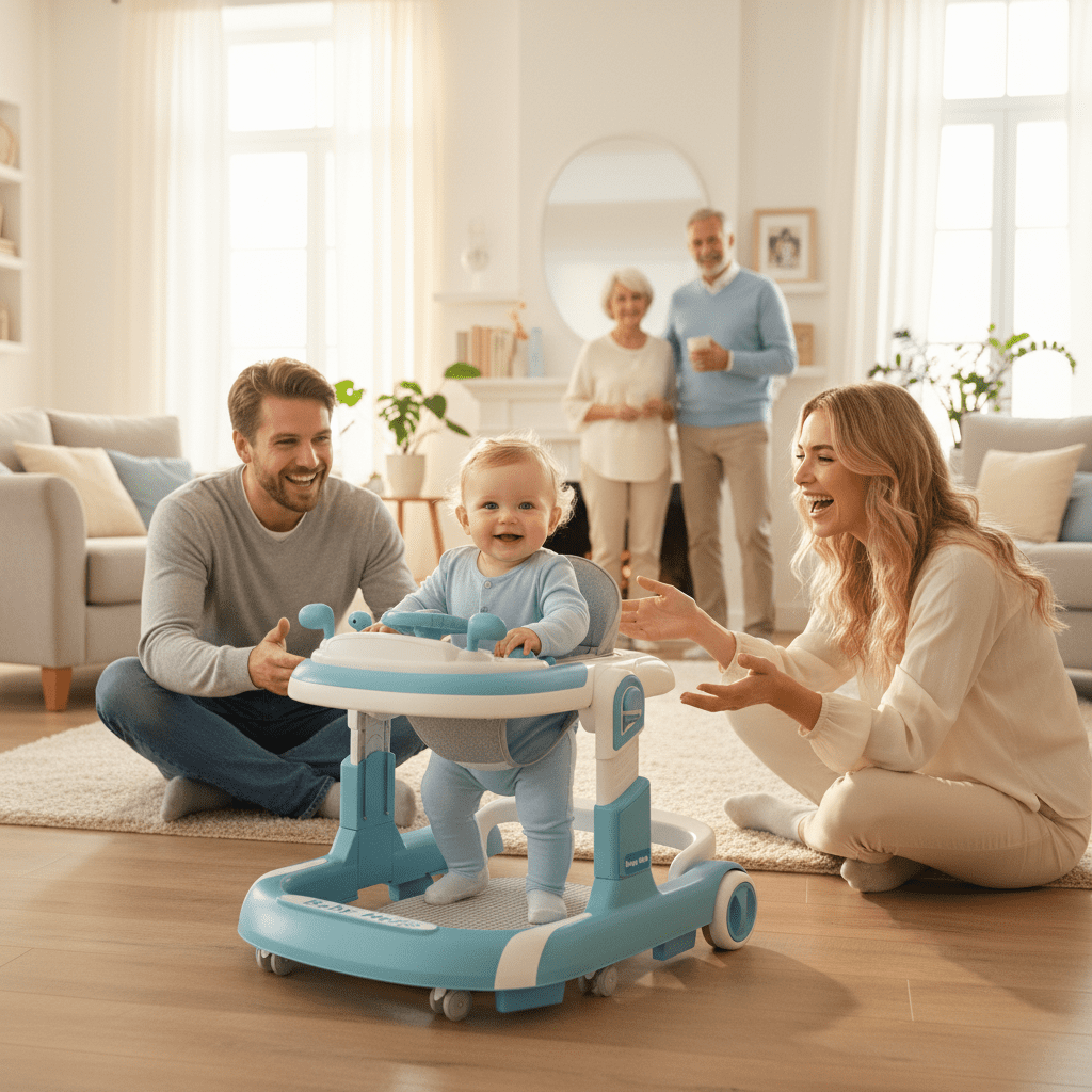 JieC 5-in-1 Foldable Baby Walker for 3 - 24 Months Baby Boys & Girls, with Toys Tray & Foot Pads/Handles，Blue