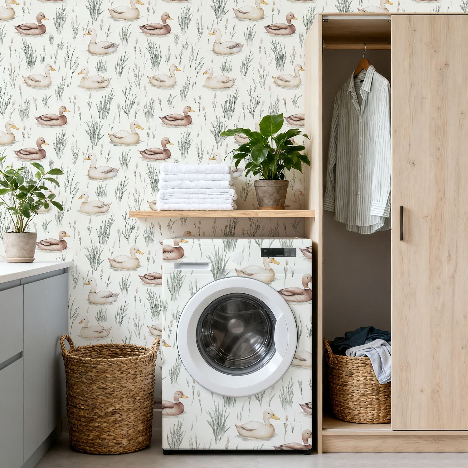 Peel and Stick Wallpaper Watercolor Ducks Seamless Reeds Soft Neutral Wall Mural 17.7in x 9.8ft Self Adhesive Removable Wall Paper Renter Friendly Wallpaper for Nursery Bedroom Cabinets
