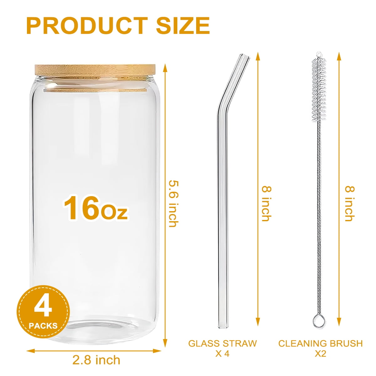 16 OZ Can Shaped Glass Cups, 4 PCS Drinking Glasses with Bamboo Lids and Glass Straw for Beer, Iced Coffee Drinking Glasses, Cute Tumbler Cup for Smoothie, Boba Tea, Whiskey, Water, 1 Set
