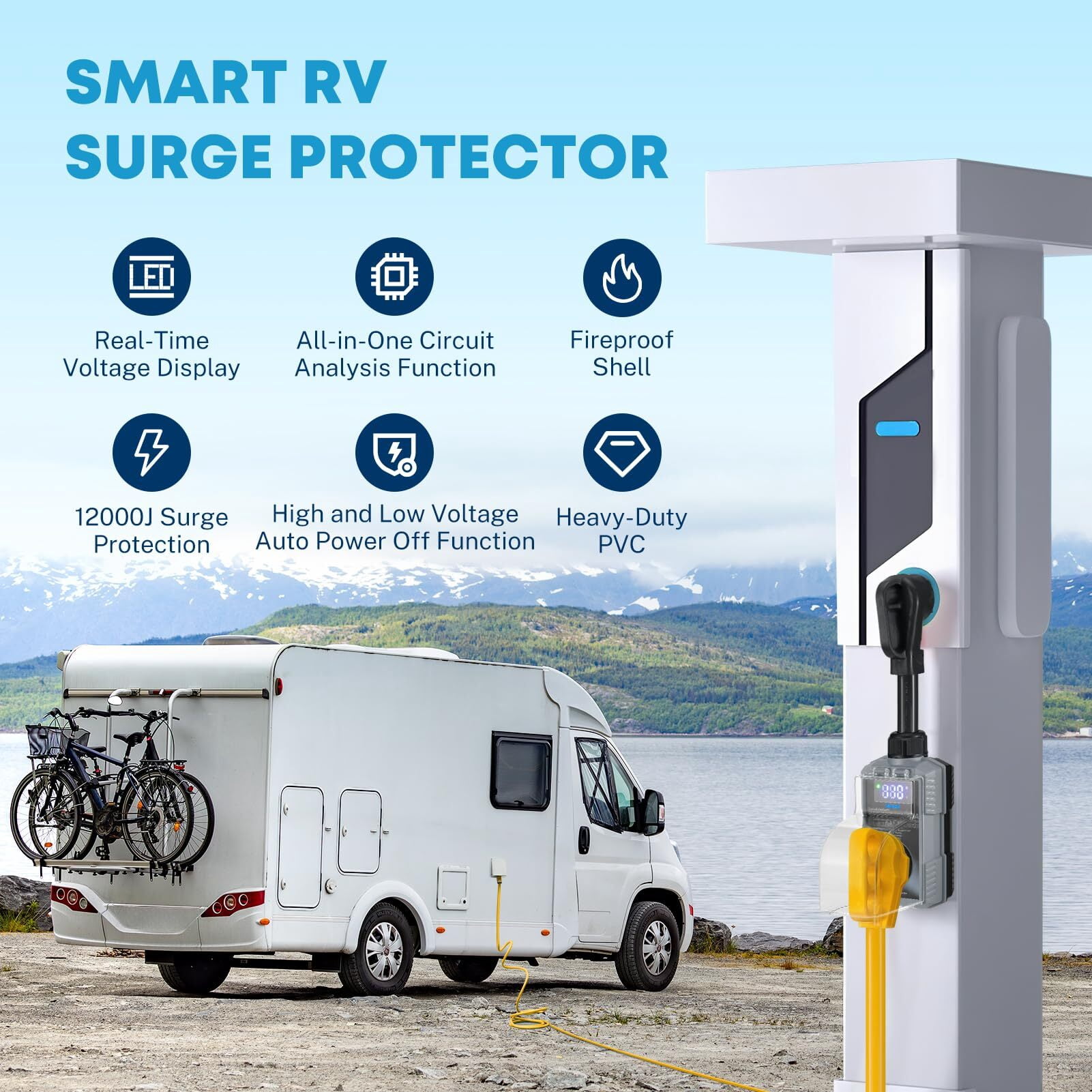 Kohree RV Surge Protector 50 Amp 12000 Joules with High/Low Voltage Protection,with LED Display Waterproof ,Auto Shut Off for Camper,Travel Trailers