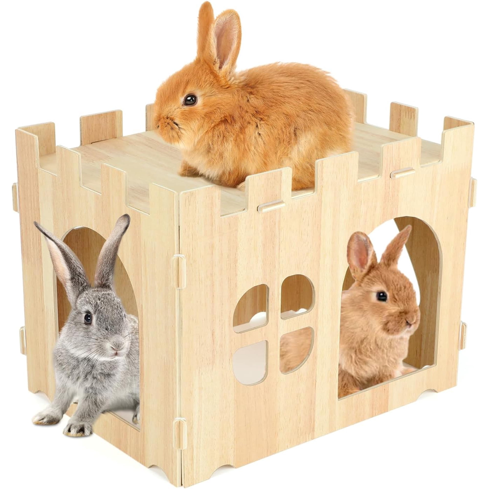 Large Wooden Rabbit House and Hideouts Bunny Castle Detachable Small Animal Play Hideaway Rabbit Hideout Cage Accessories for Indoor Adult Rabbit Guinea Pig Chinchilla Habitat