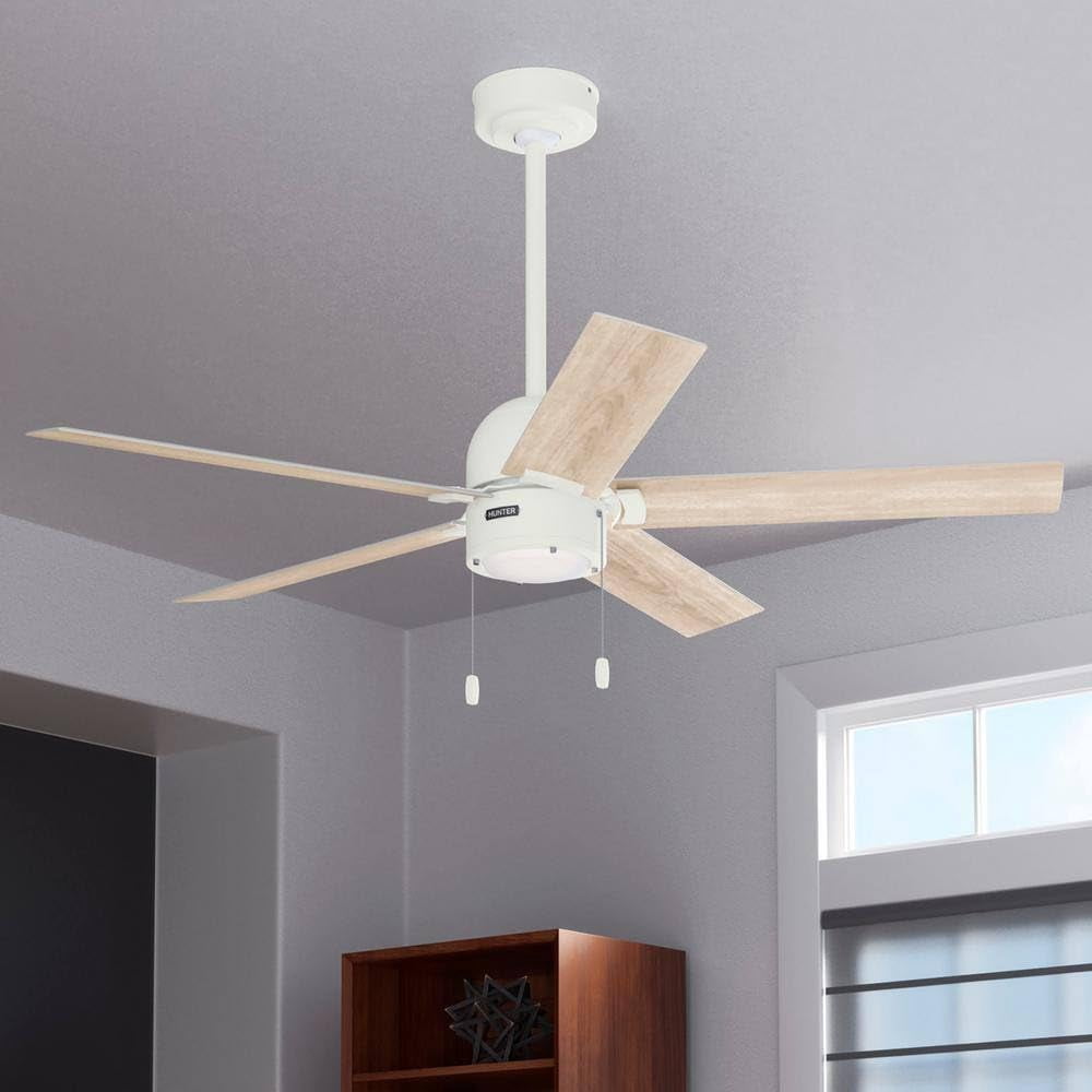 Restored Hunter Fan 52 Inch Matte White Indoor Ceiling Fan with Light and Pull Chain, Reversible Motor and 5 Blades for Living Room, Bedroom, Office, Laundry Room (Refurbished)