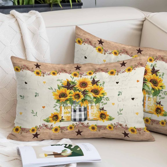 Country Star Sunflower Pillow Covers King, Vintage Farmhouse Brown Wooden Soft Brushed Microfiber Breathable Throw Pillow Covers, Decorative Pillowcase with Zipper for Couch Sofa Bedroom 20"x36"