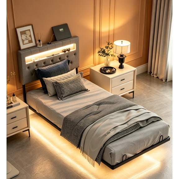 UBesGoo Twin Size Metal Platform Bed Frame, Floating Bed Frame with LED Lights for Bedroom, Comfortable Upholstered Headboard, Gray
