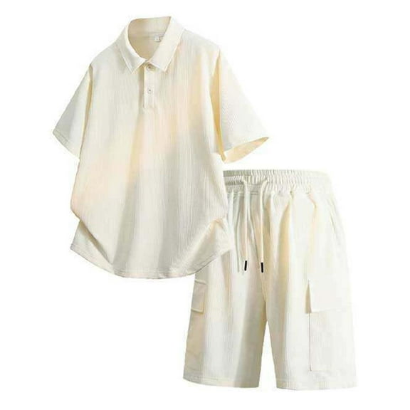NAFUU Mens Short Sets 2 Piece Outfits Summer Short Sleeve Sweatsuits Sets Men Stylish Loose Polo Shirts With Cargo Shorts Pocket Casual Vacation Clothes
