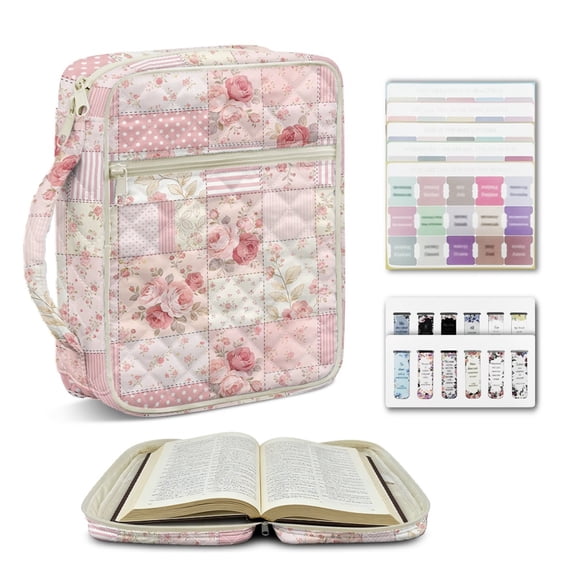 ZUXONGSY Rose Print Extra-Large Quilted Bible Cover for Women with Carrying Handles, Organized Storage for Study Supplies, Meaningful Christian Gift