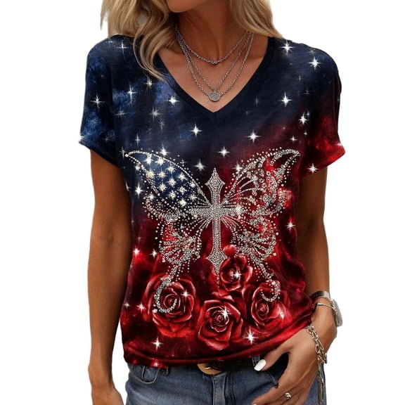 SCSAlgin American Flag Shirts for Women 4th of July Tops USA Print T Shirt Casual Short Sleeve American Proud T-Shirt Tops