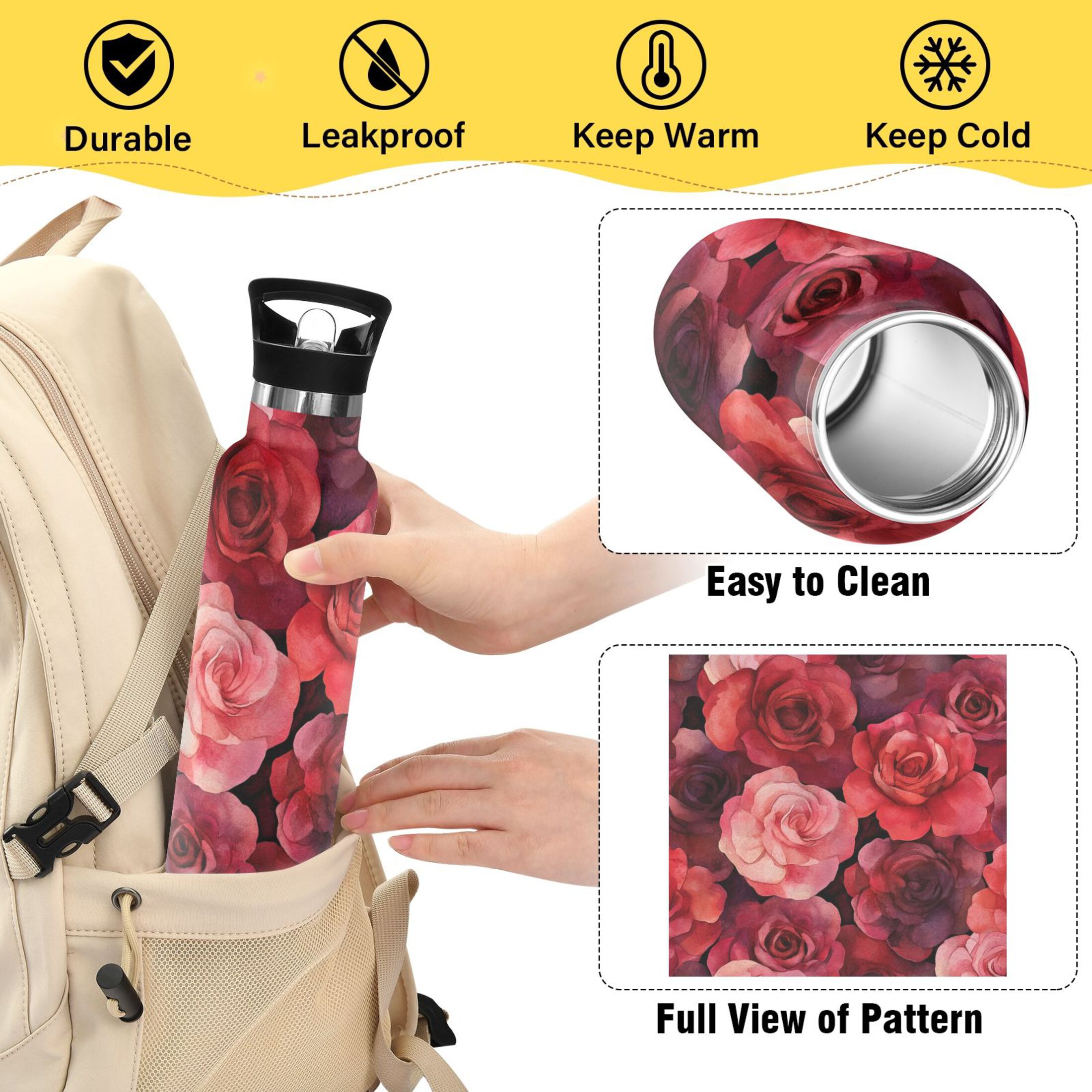 600ML Stainless Steel Insulated Cup Sports Water Bottle Portable Thermos Cup Water Glasses Insulated Tumblers Convenient and Durable Cartoon Red Roses