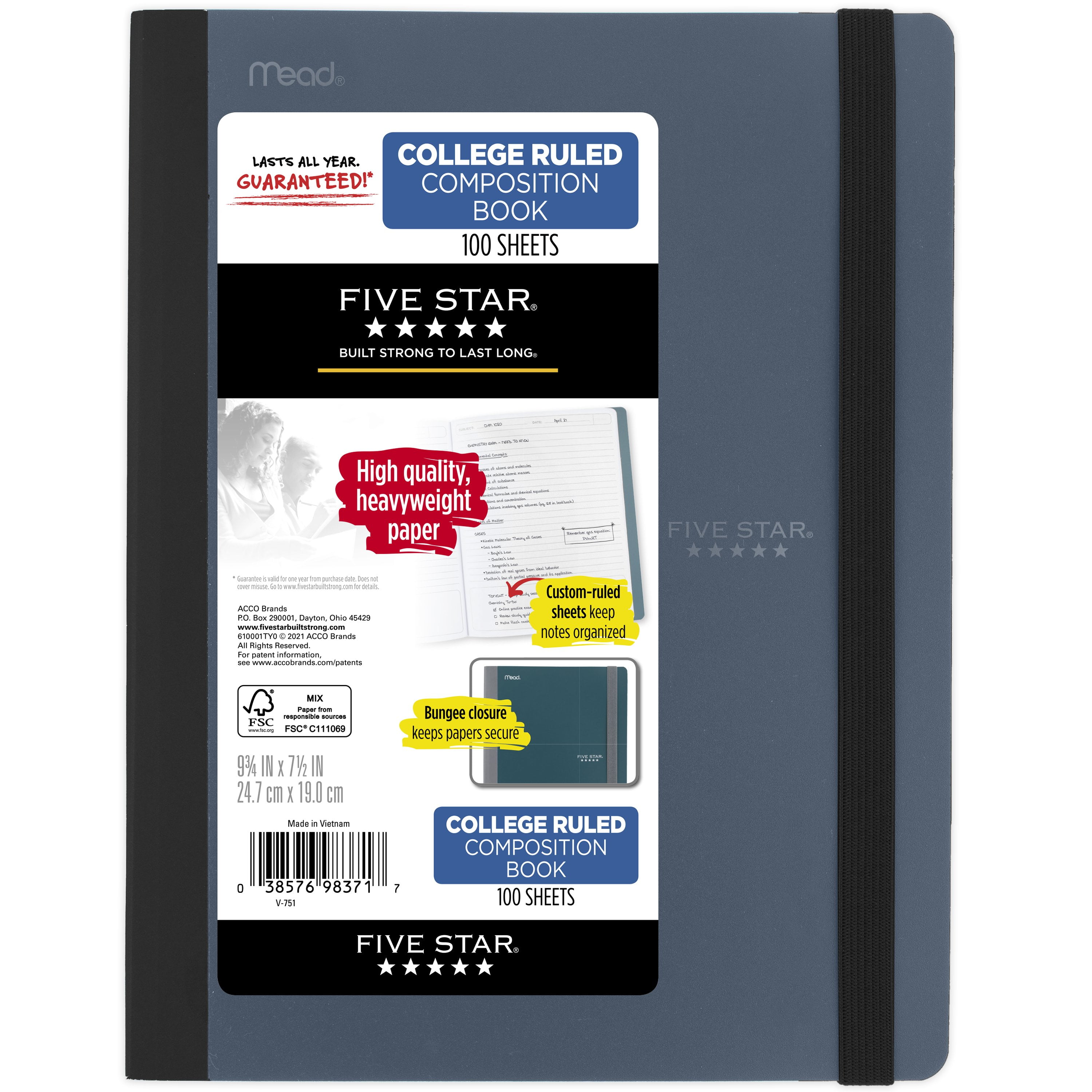 Five Star Premium Composition Book, College Ruled, 100 Pages, 9 3/4" x 7 1/2", Slate (610001TY0-WMT)