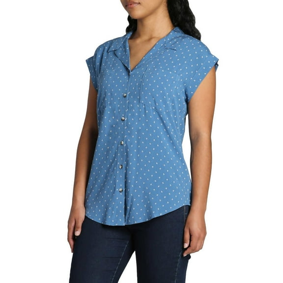 Jachs Girlfriend Women's V-Neck Collar Short Sleeve Button Down Top Blouse-Blue / S
