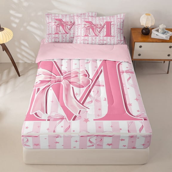 Homewish Cute Stars Bowknot Kids Zipper Twin Comforter Sets with Fitted Sheet and 2 Pillowcases,Pink Letter M Alphabet Zipper Bedding Set For Girls,Pink Reversible,4 Pieces