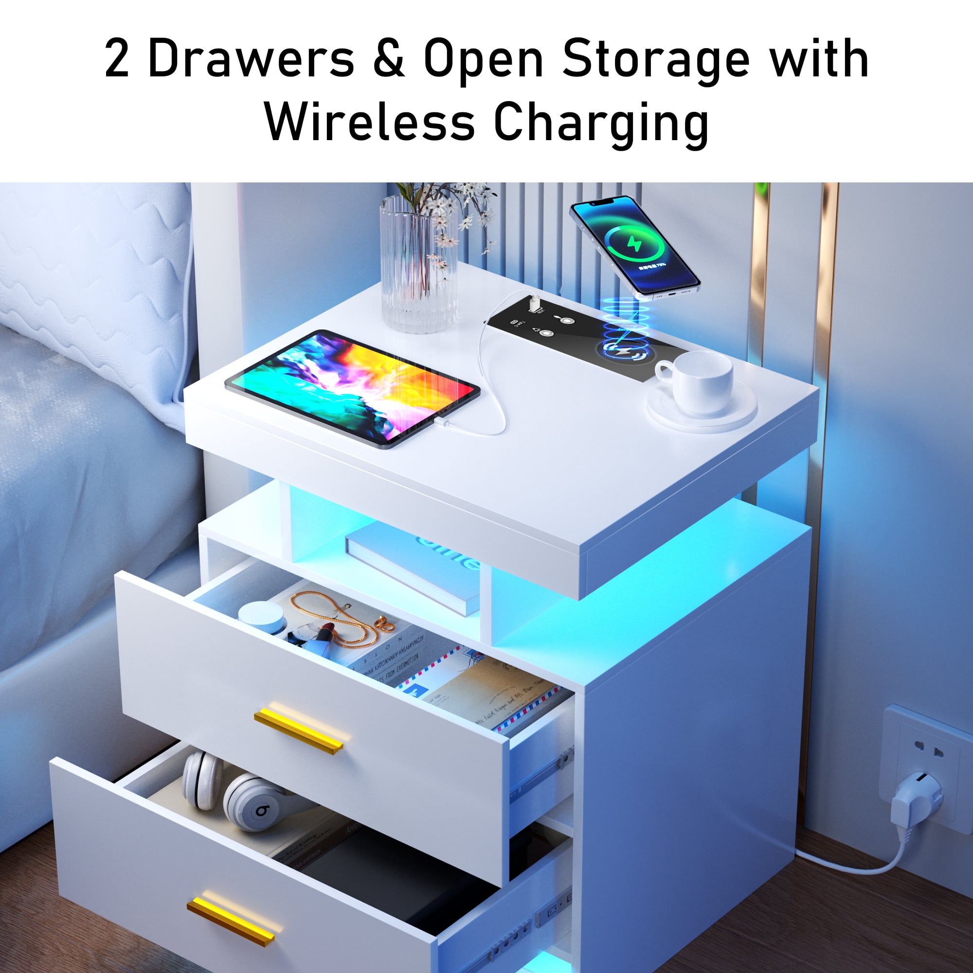 Dalattin White Nightstand with Charging Station 2 Drawers, Smart Sense End Side Table for Bedroom