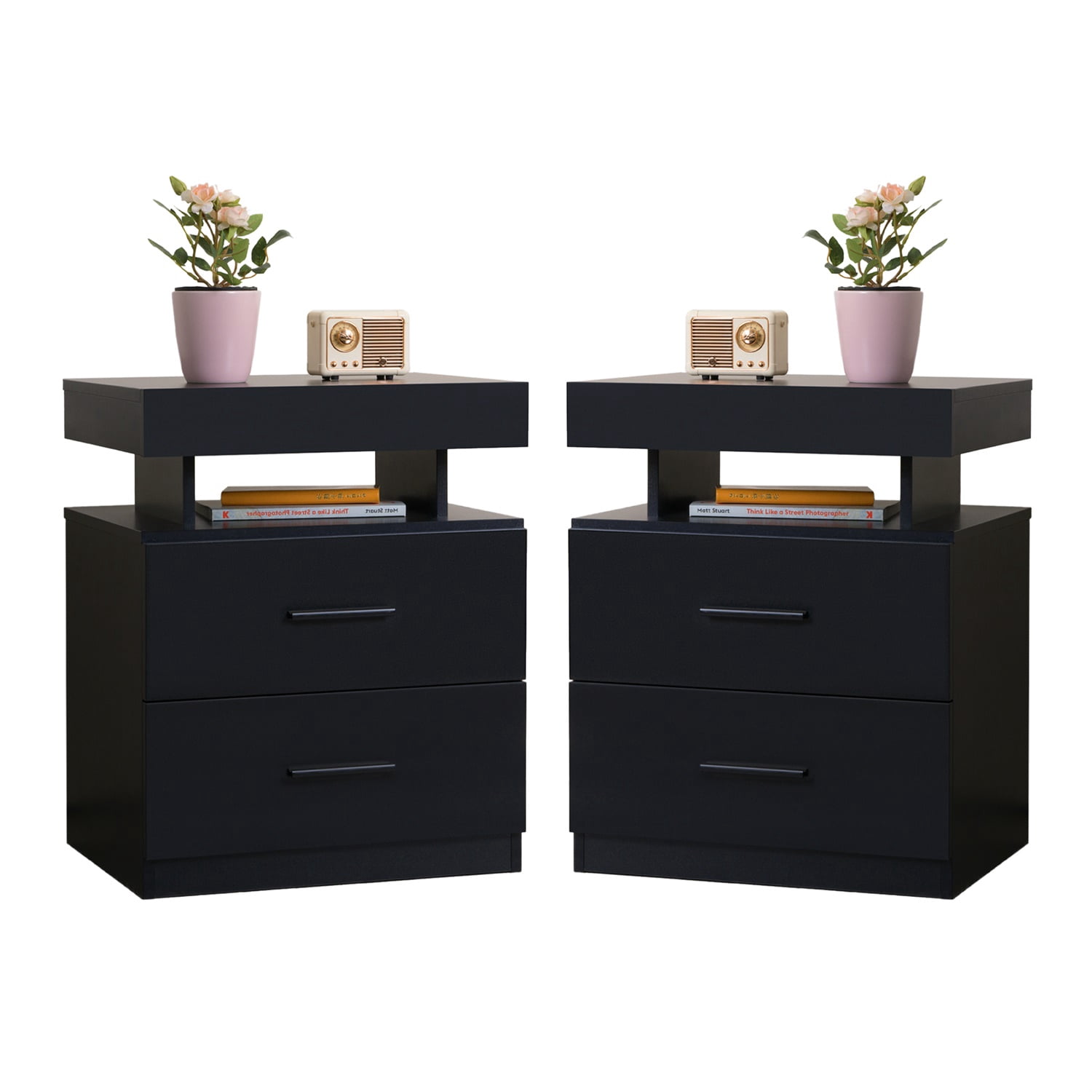 Hommoo Modern LED Nightstand Set of 2, Smart RGB Adjustable Bedside Table with 2 Fabric Drawers, Ample Storage & App/Remote Control, Black