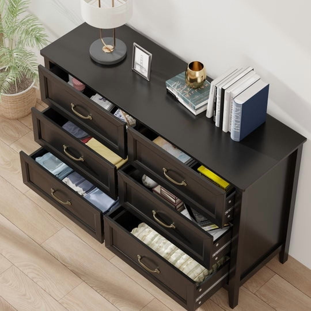 Aiho Farmhouse Dresser for Bedroom, 47.2" Wide 6 Drawer Dresser Storage Organizer, Wood Chest of Drawers for Bedroom, TV Stand for 50 inch TV, for Living Room, Hallway - Black