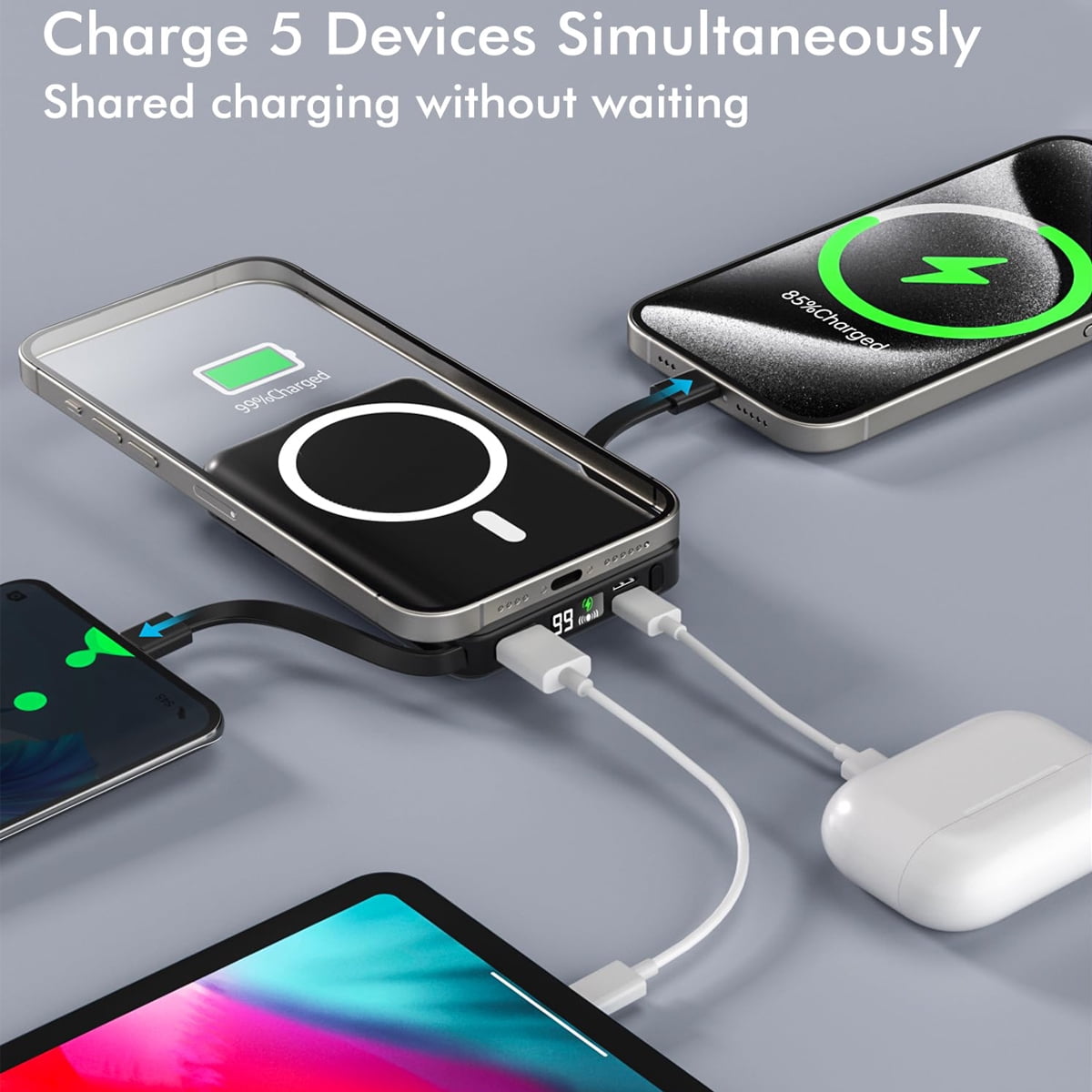 Podoru Wireless Portable Charger, 10000mAh Magnetic Power Bank Built-in USB C Lighting Cables 22.5W PD Fast Charging LED Display Mag-Safe Battery Pack for iPhone 15/14/13/12/Mini/Pro/Pro Max - Black