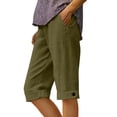 thumbnail image 2 of Siminsem Womens Cotton Linen Five Point Shorts High Waisted Cuffed Bermuda Shorts with Pockets Drawstring Elastic Waist Summer Casual Travel Beach Lounge Pants, Blackish Green, L, 2 of 4