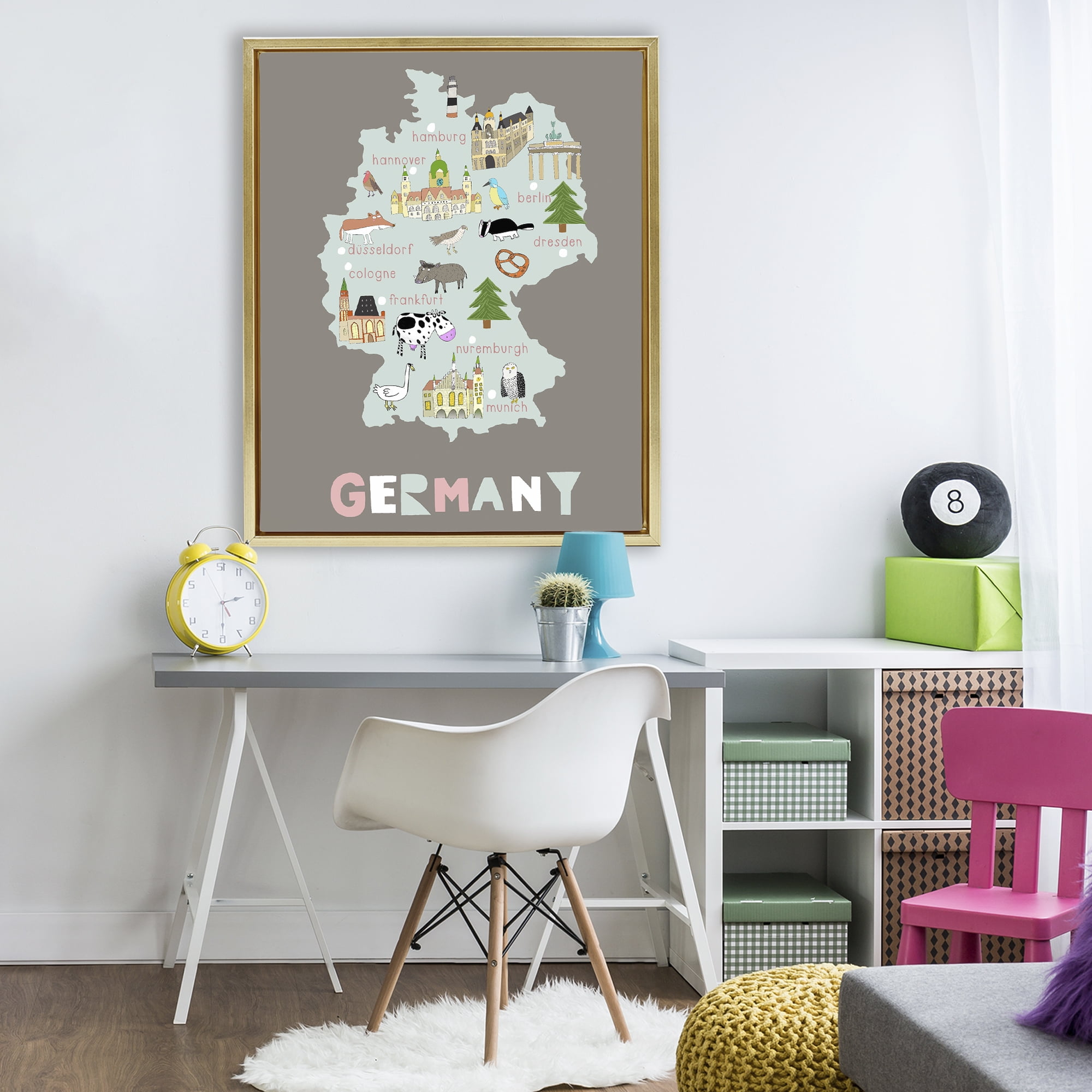 Kid's Map of Germany Gold Framed Floater Canvas Wall Art, design by Carla Daly