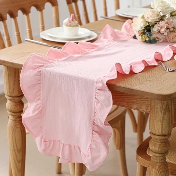 Ruffled Table Runner 72 Inches Long Rustic Cotton Tabletop Farmhouse Decor for Baby Shower Bride Shower Birthday Party Holiday Wedding (Solid Color pink)
