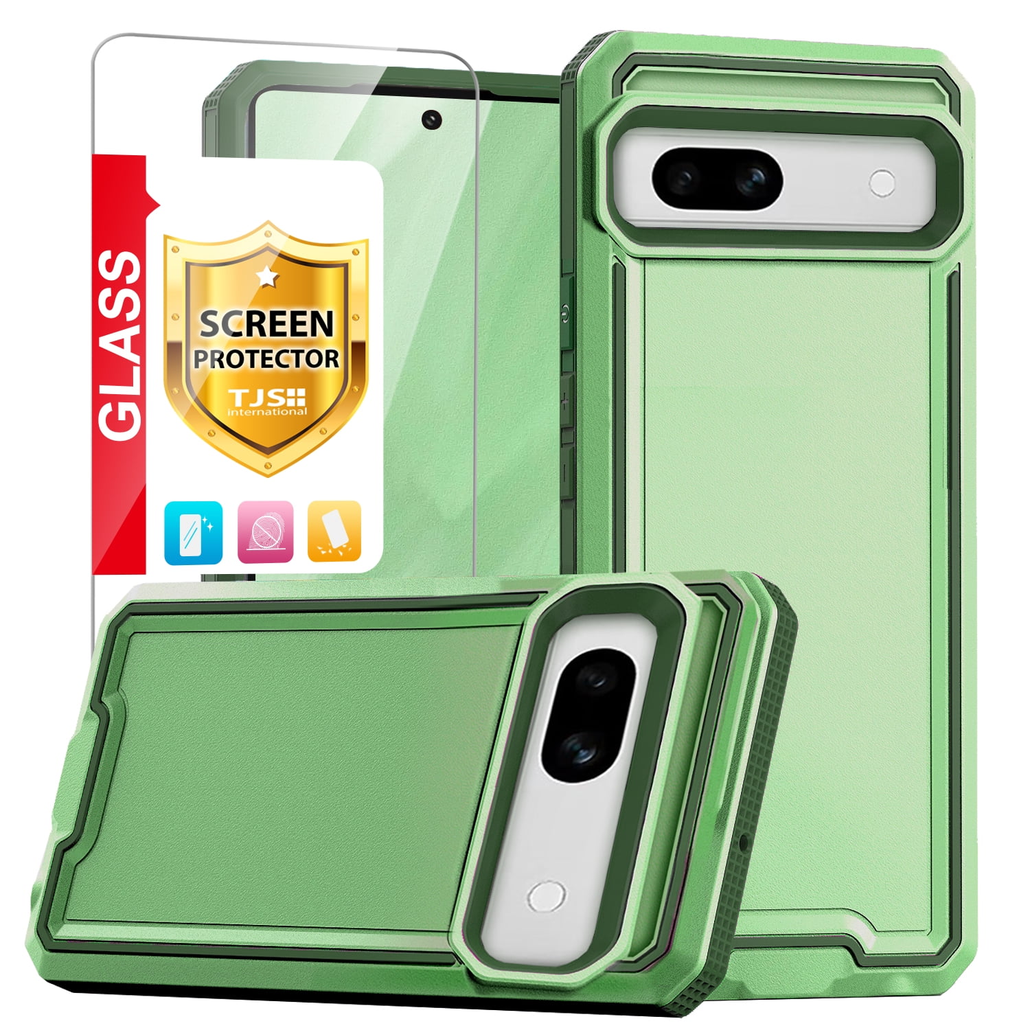 TJS for Google Pixel 7A Phone Case, with Tempered Glass Screen Protector, Dual Layer Shockproof