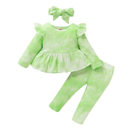 

18 Months Baby Girls Clothes 24 Months Girls 3PCS Outfits Tie-dye Winter Clothing Set Toddler Girls Long Sleeve Top Pants Headband Set Green