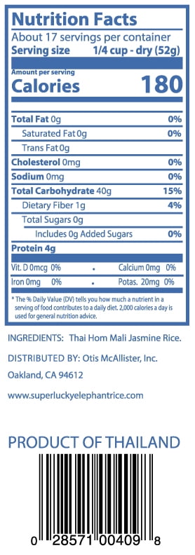 (2 pack) Super Lucky Elephant Thai Hom Mali Jasmine Rice, 32 oz, Does not contain Peanuts, Soy, Milk, Egg, Wheat, Fish, Tree Nut, Crustacean shellfish, and Sesame.