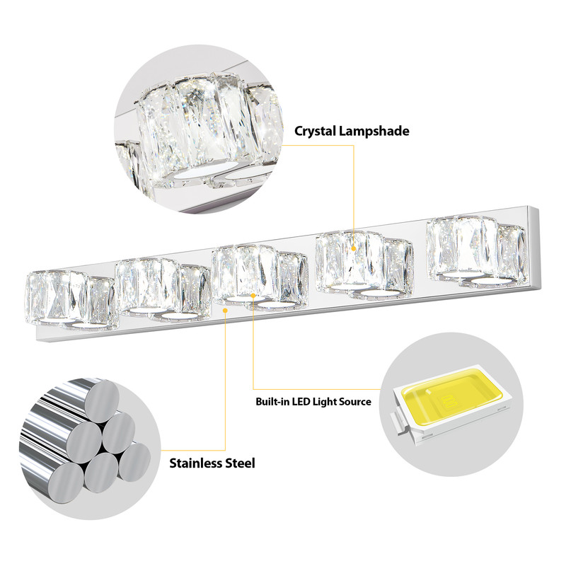 35" Modern 5-Light LED Crystal Bathroom Vanity Light, Chrome Wall Sconce with Clear Crystal Shades, Bathroom Lighting Fixtures Over Mirror for Vanity, Bedroom, Hallway