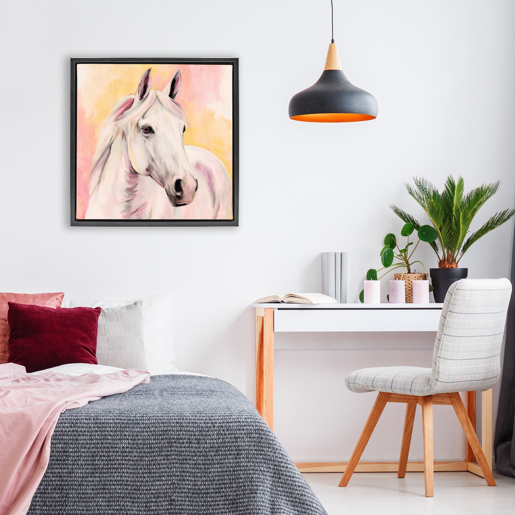 Sunset White Horse Black Framed Floater Canvas Wall Art, design by Kim Allen