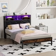 thumbnail image 3 of VECELO Full Bed Frame with Bookcase Headboard, Metal Platform Bed with LED Light & Charging Station, Storage Bed with Heavy Duty Slats Support, No Box Spring Required, Brown, 3 of 10