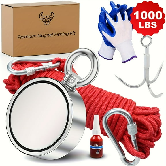 1000LBS/3725LBS Double Sided Neodymium Fishing Magnets Kit - 75mm/94mm Diameter, Durable Rope & Gloves, Heavy Duty Retrieving for Lake/Beach/Lawn, Perfect Mens Gift