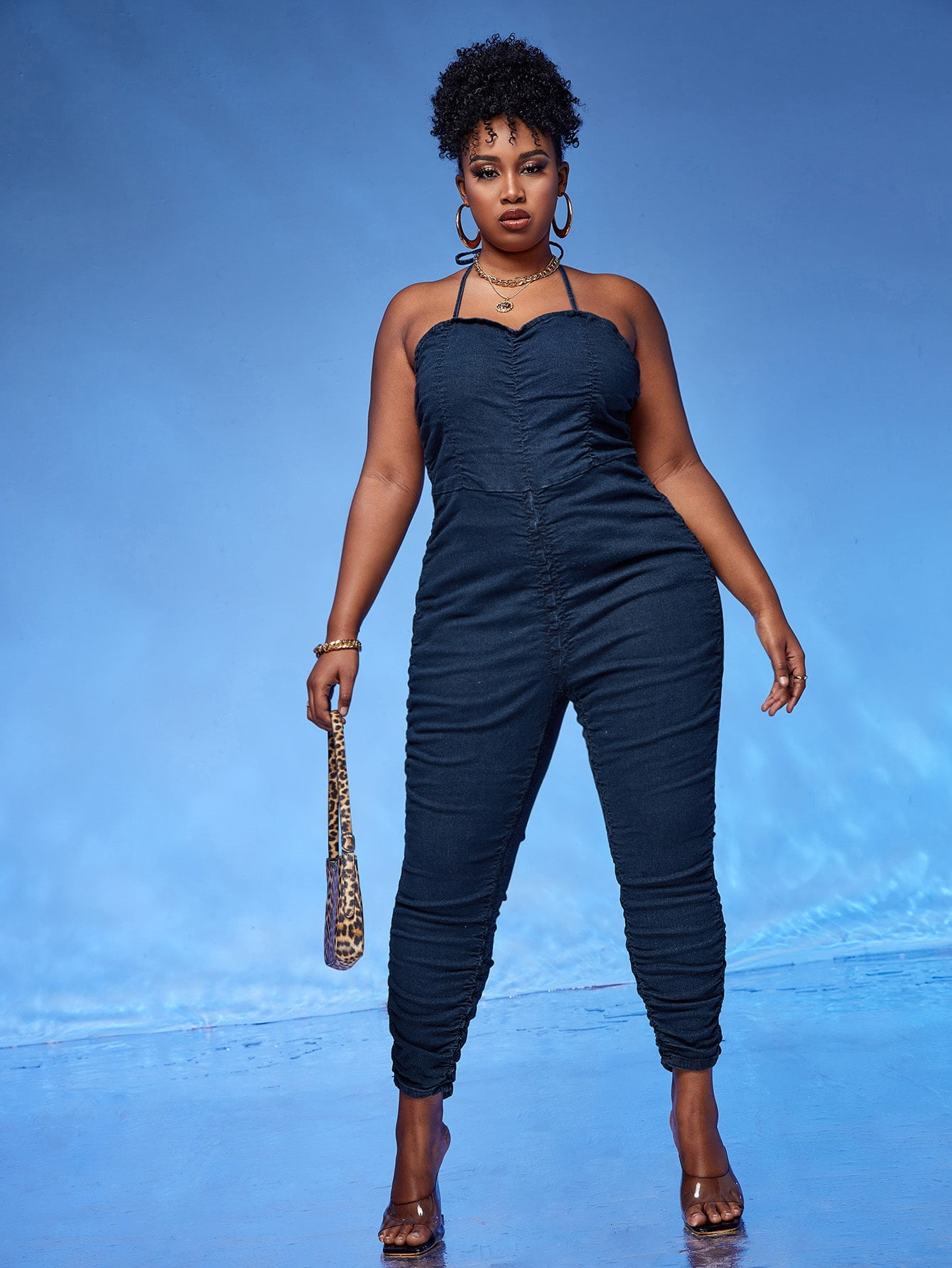Women's Plus Tie Backless Ruched Denim 