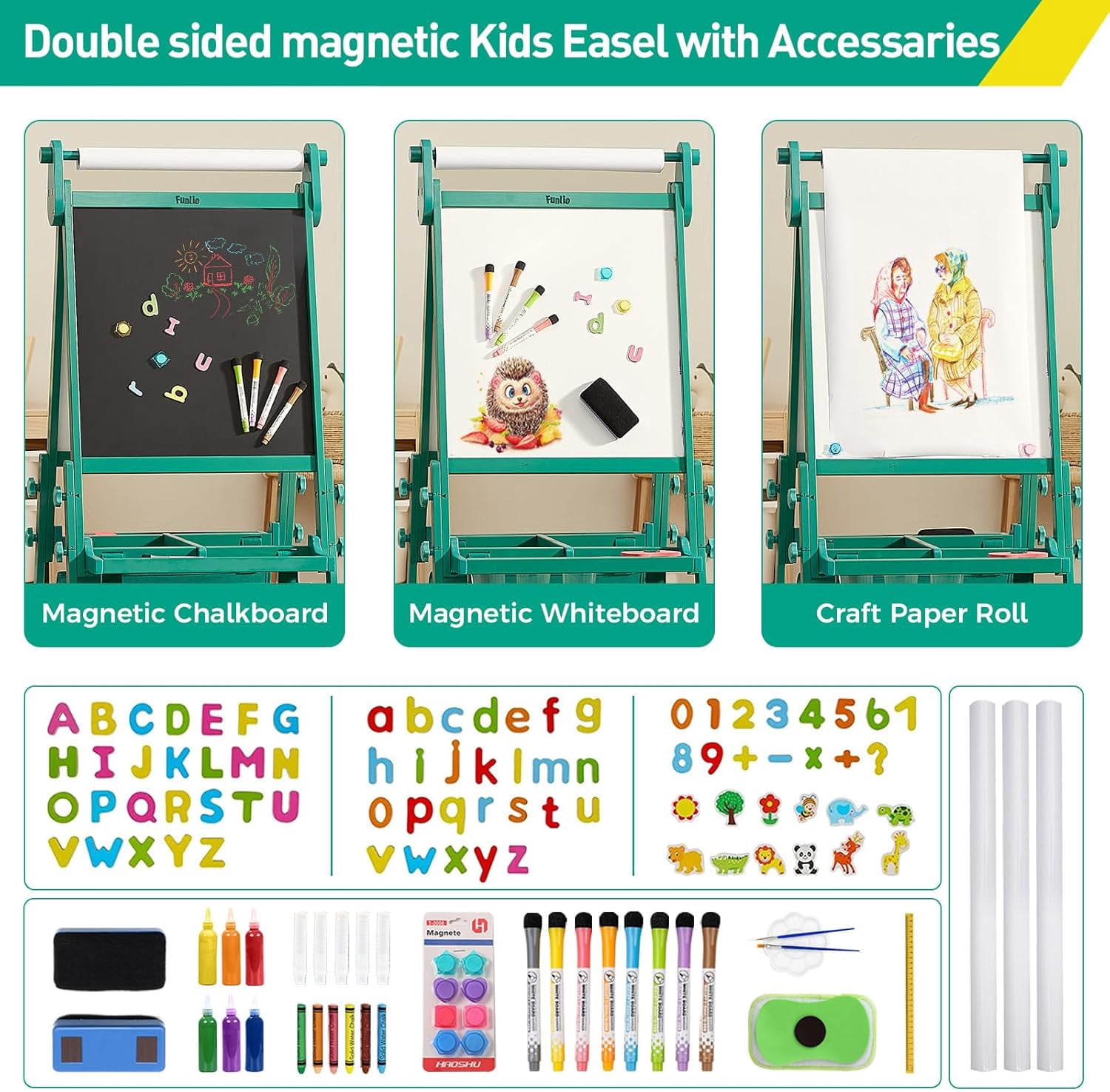 FUNLIO Adjustable Wood Standing Art Easel for Children，Foldable & Anti-Warping