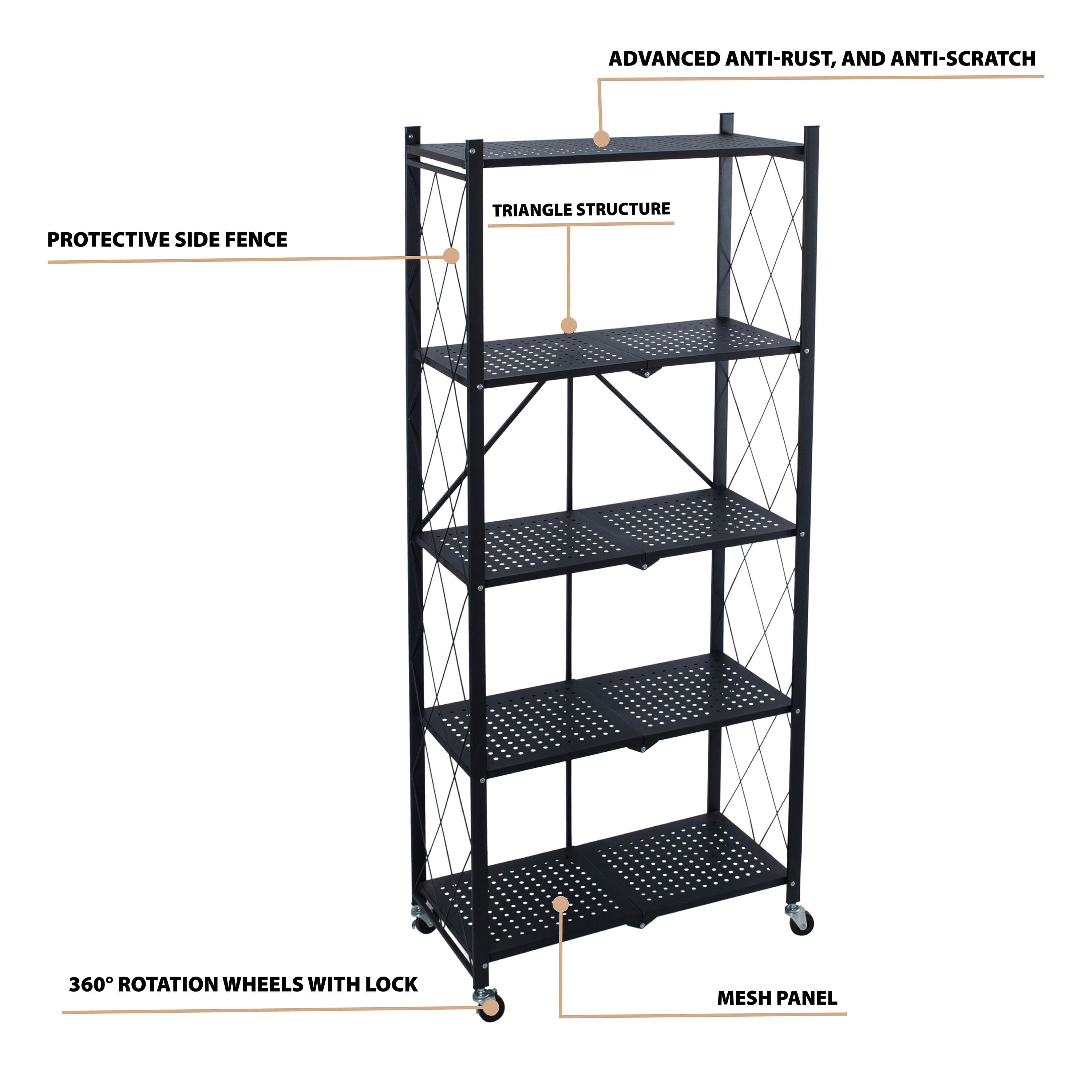 Organize It All 5 Shelf Foldable Metal Storage Shelves, Wheels, Adult, Kitchen, Laundry Room, Black